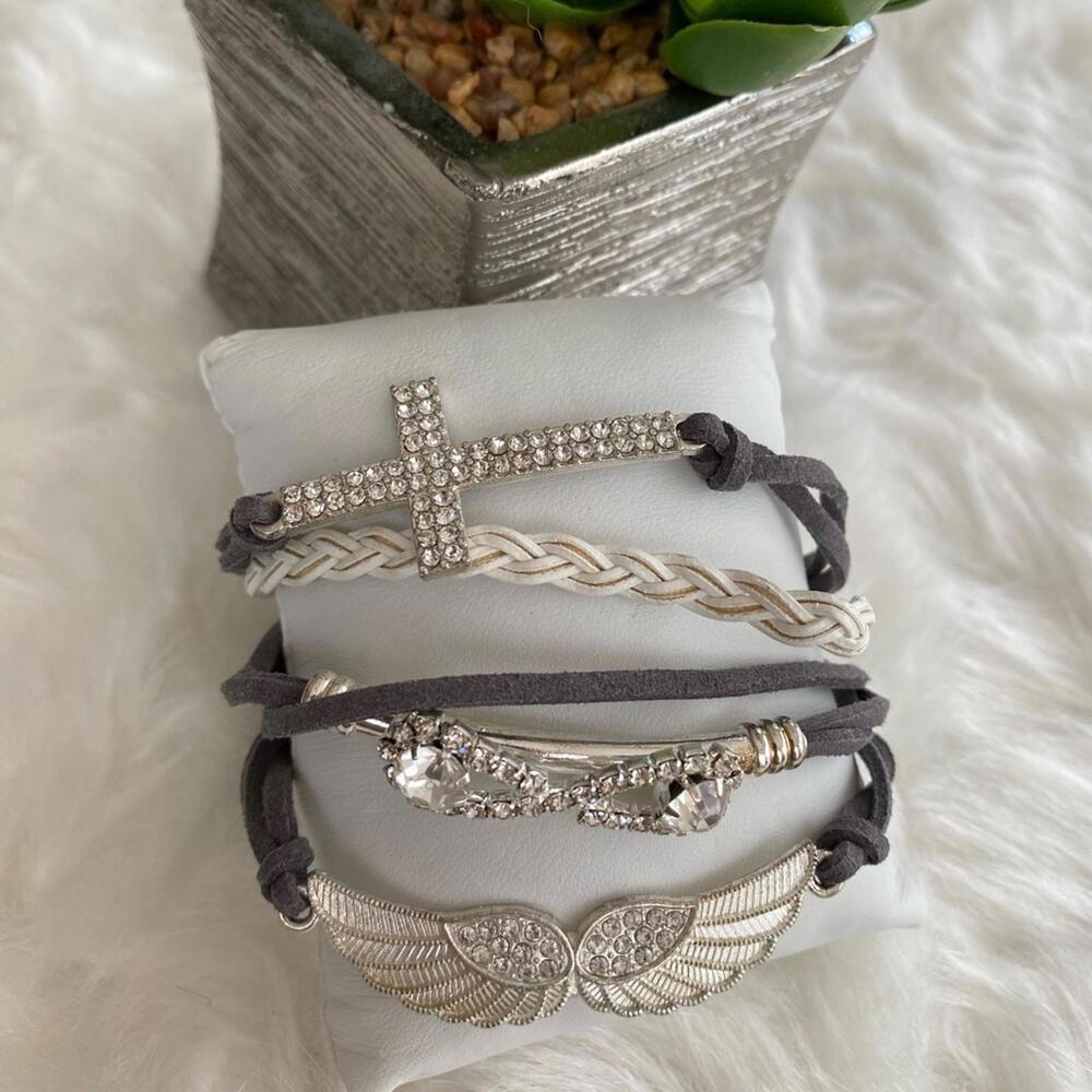Multi-Strand Silver and Gray Charm Bracelet Set